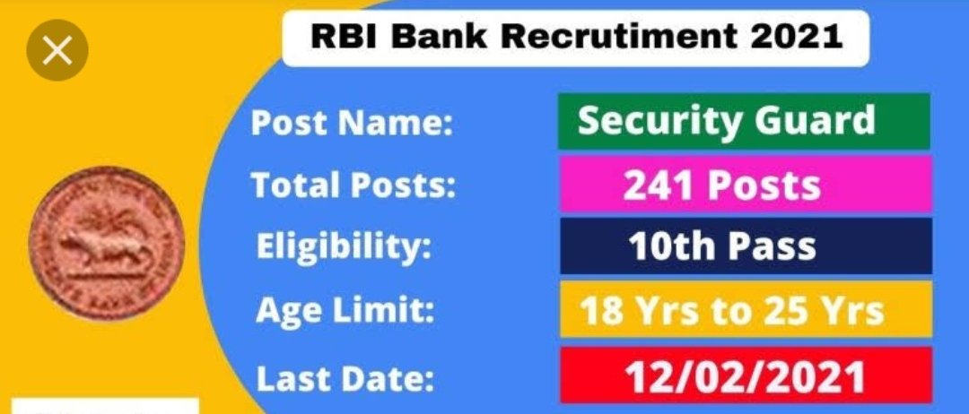 RBI Vacancy 2021 भारतीय रिजर्व बैंक (Reserve Bank of India) ने Security Guards पदों के लिए भर्ती प्रकाशित की है इक्छुक उम्मीदवार से अनुरोध है की इस सरकारी रोजगार में आवेदन करने से पहले सारी जानकारियां ले उसके बाद ही अपनी योग्यता के अनुसार आवेदन करे | भारतीय रिजर्व बैंक वेकेंसी 2021 रिक्रूटमेंट डिटेल कम्पलीट भारतीय रिजर्व बैंक जॉब 2021 वेकेंसी.