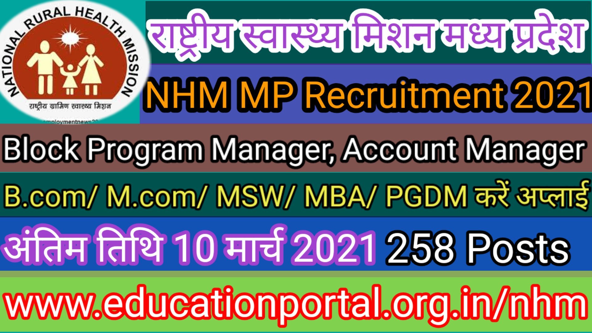 NHM MP राष्ट्रीय स्वास्थ्य मिशन मध्य प्रदेश Block Program Manager, Block Account Manager 258 पदों पर भर्ती