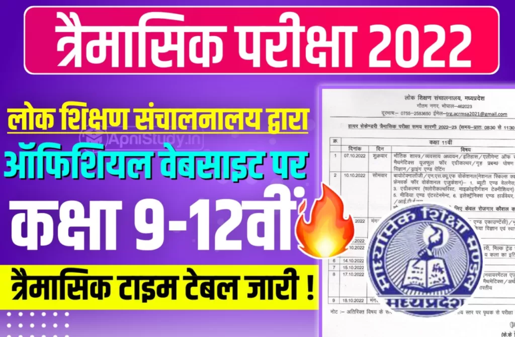 Mp Board Quarterly Exam Time table 2022-23 Class 9th to 12th in hindi